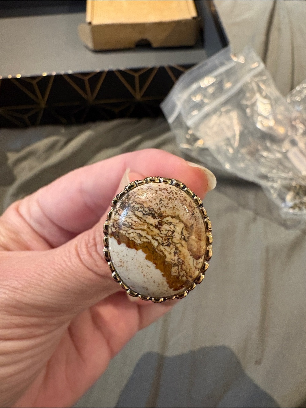 Statement Natural Jasper Oval Ring in Brown and Cream